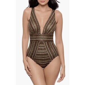 Miraclesuit Sparkle Sands Odyssey Plunge One-Piece Swimsuit Bathing Suit 8 NWT